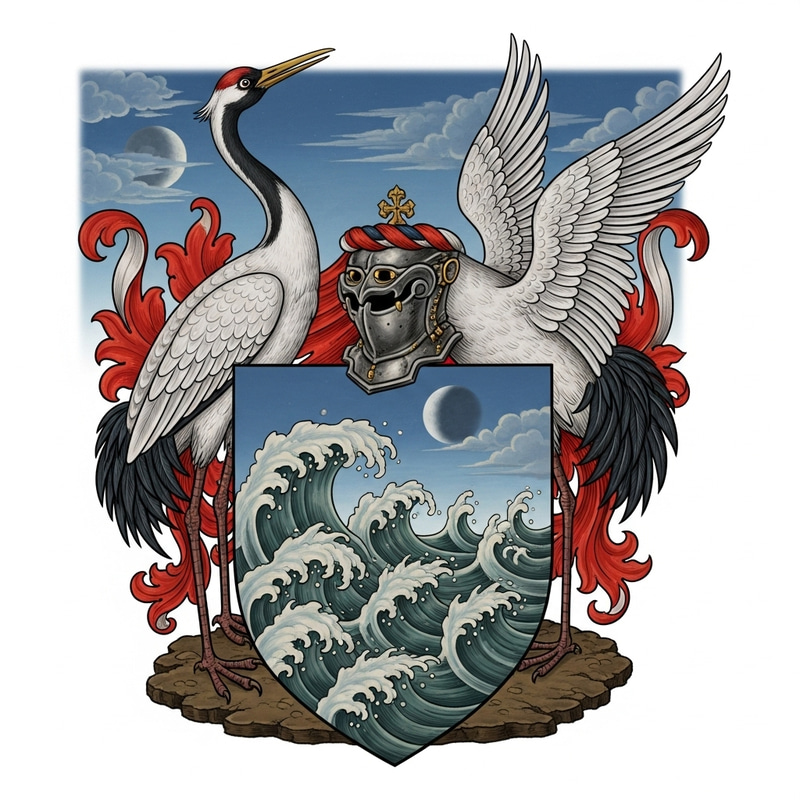Crane Bird Coat of Arms With Moon Wave Ocean Design Crane Bird Coat of Arms With Moon Wave Ocean Design