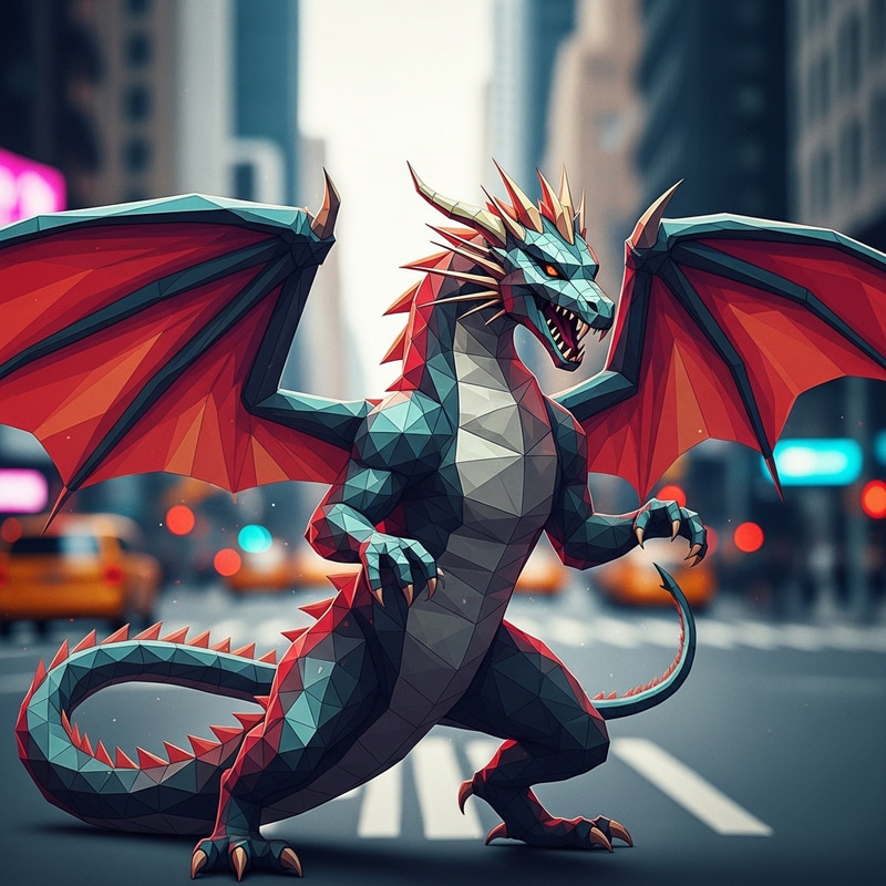 Dynamic Polygonal Dragon Art in Cyberpunk Style | NYC Streets