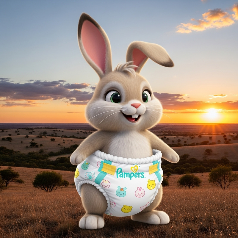 Adorable Cartoon Rabbit in Pampers Diaper in Picturesque Pampa Setting Adorable Cartoon Rabbit in Pampers Diaper in Picturesque Pampa Setting