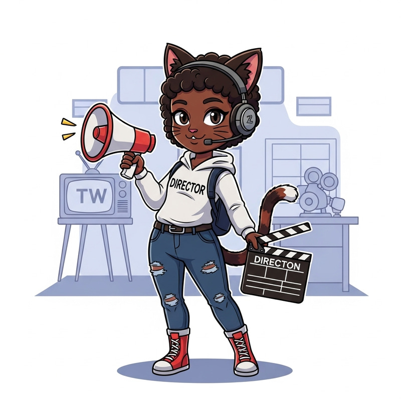 Cartoon Black Cat-Girl Director: Vibrant Scene Cartoon Black Cat-Girl Director: Vibrant Scene