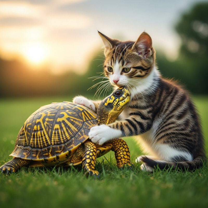 Turtle and Cat Embrace in Nature Turtle and Cat Embrace in Nature