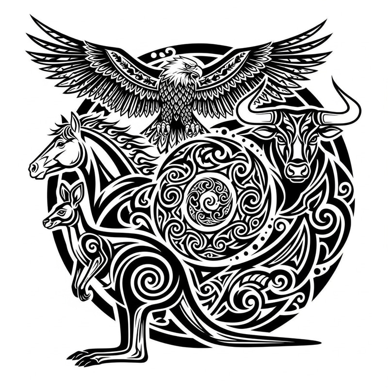 Mystical Creatures: Tribal Tattoo Design with Kangaroo, Horse, Eagle, Bull