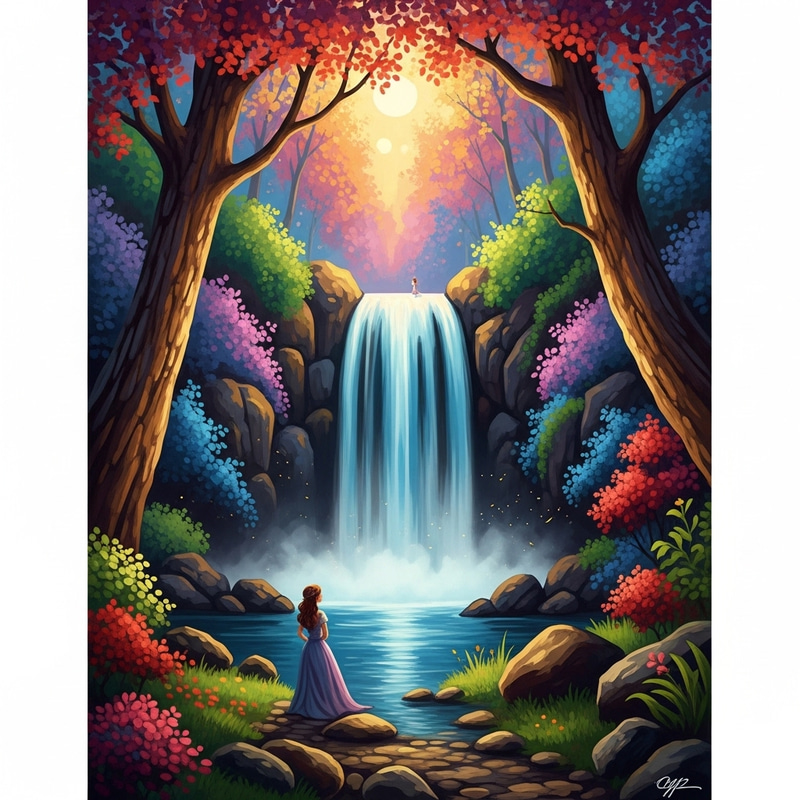 Enchanted Waterfall in Mystical Forest - Ethereal Mixed Media Art