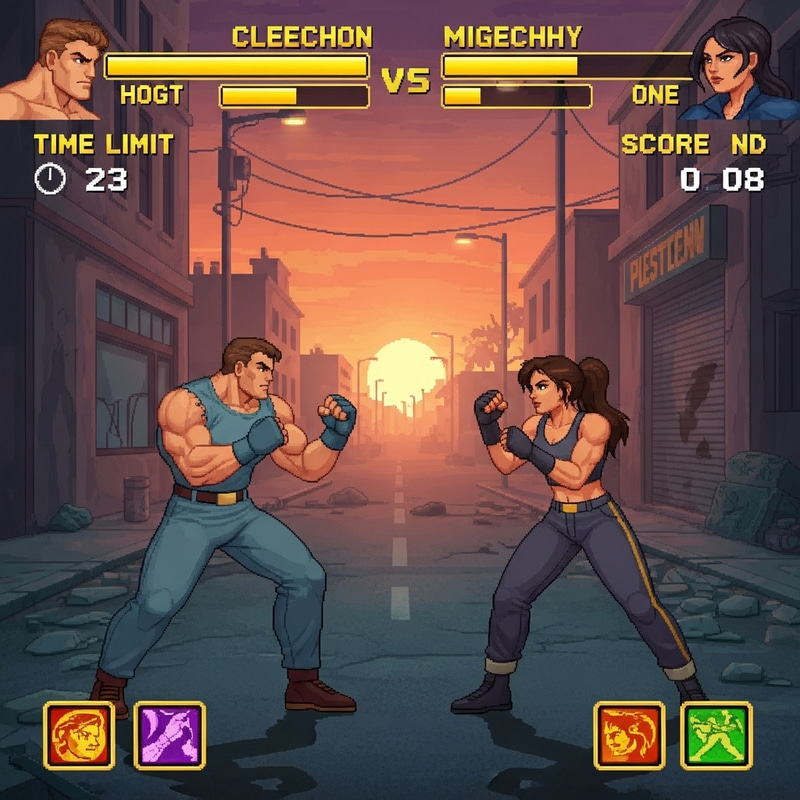 Classic Arcade Fighting Game Interface | Urban Street Battle - Pixel Style Graphics Classic Arcade Fighting Game Interface | Urban Street Battle - Pixel Style Graphics
