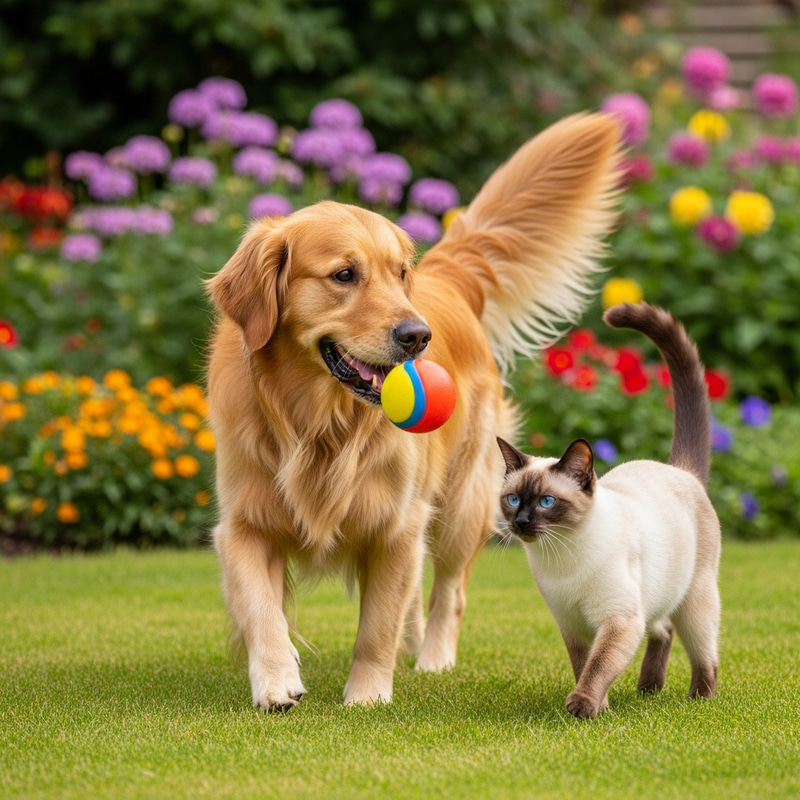 Heartwarming Dog and Cat Playing in a Picturesque Garden Heartwarming Dog and Cat Playing in a Picturesque Garden
