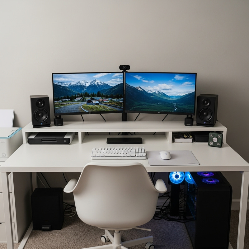27-Inch Dual Monitor Setup with Logitech Speakers & Web Cam | Organized White Desk