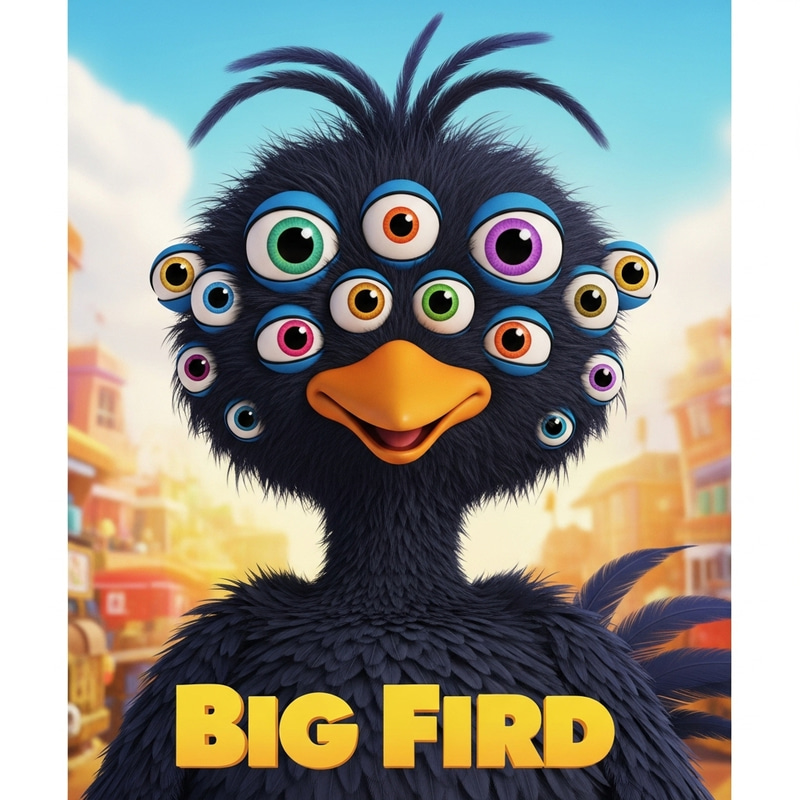 Big Bird Pixar Movie Poster: Fluffy Friendly Bird with Multiple Eyes Big Bird Pixar Movie Poster: Fluffy Friendly Bird with Multiple Eyes