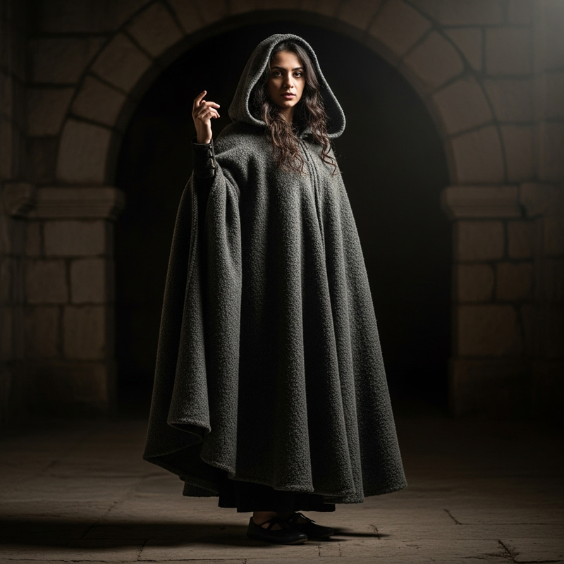 20-Year-Old Girl in Cloak with Hood Up | Full-Body Portrait