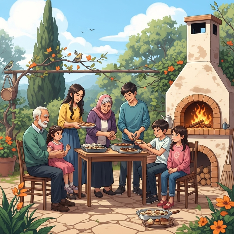 Festive New Year Celebration in Levantine Village Garden with Close-Knit Family