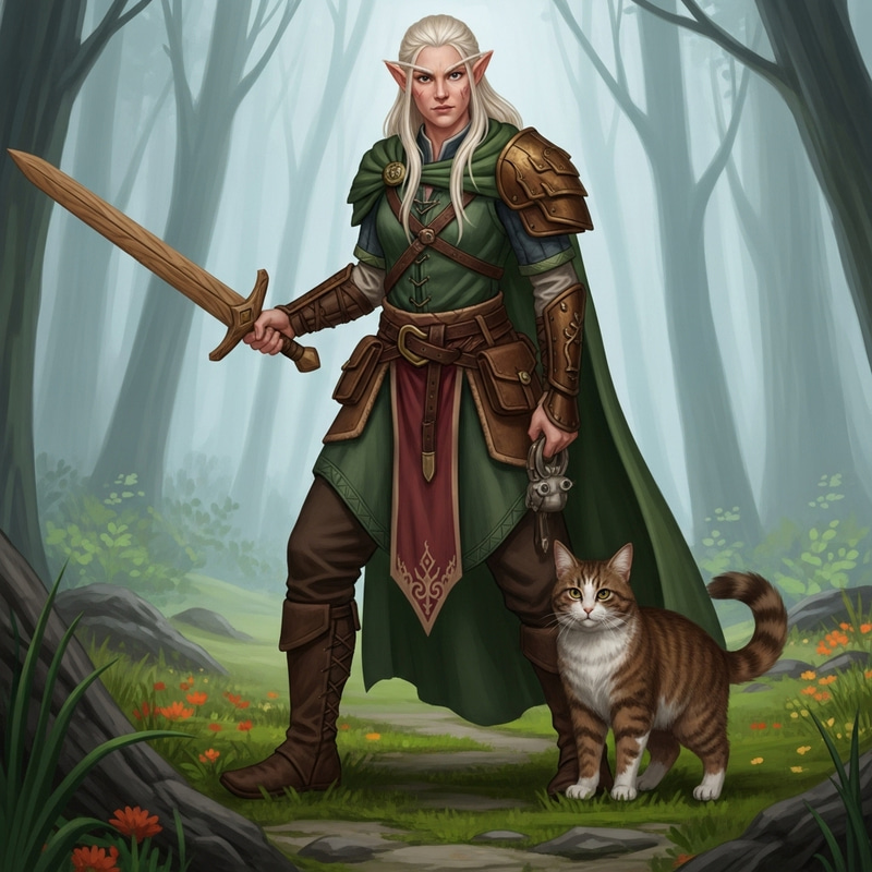 Earthly Elf with Wooden Sword and Cat