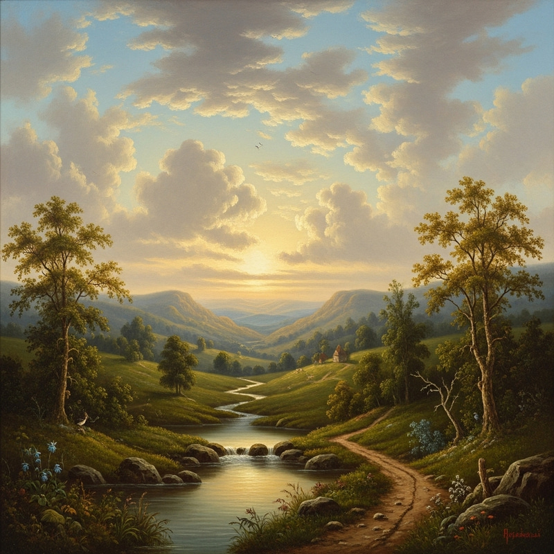 Vintage Landscape Oil Painting with Scenic Beauty Vintage Landscape Oil Painting with Scenic Beauty