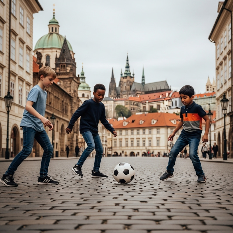 Diverse Boys Playing Soccer in Prague on Cobbled Street Diverse Boys Playing Soccer in Prague on Cobbled Street