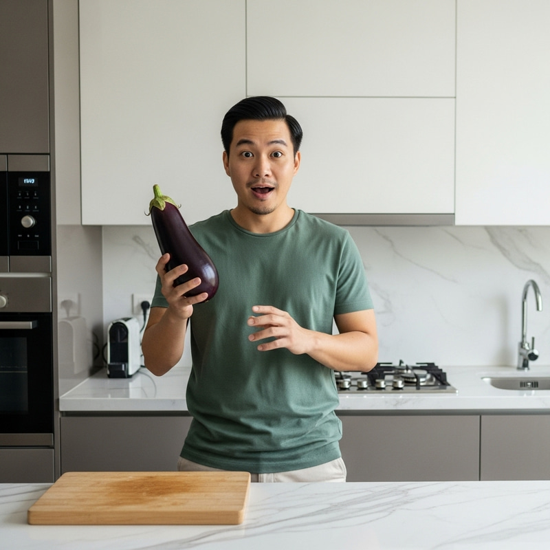 Young Man Admires Eggplant in Contemporary Kitchen Scene
