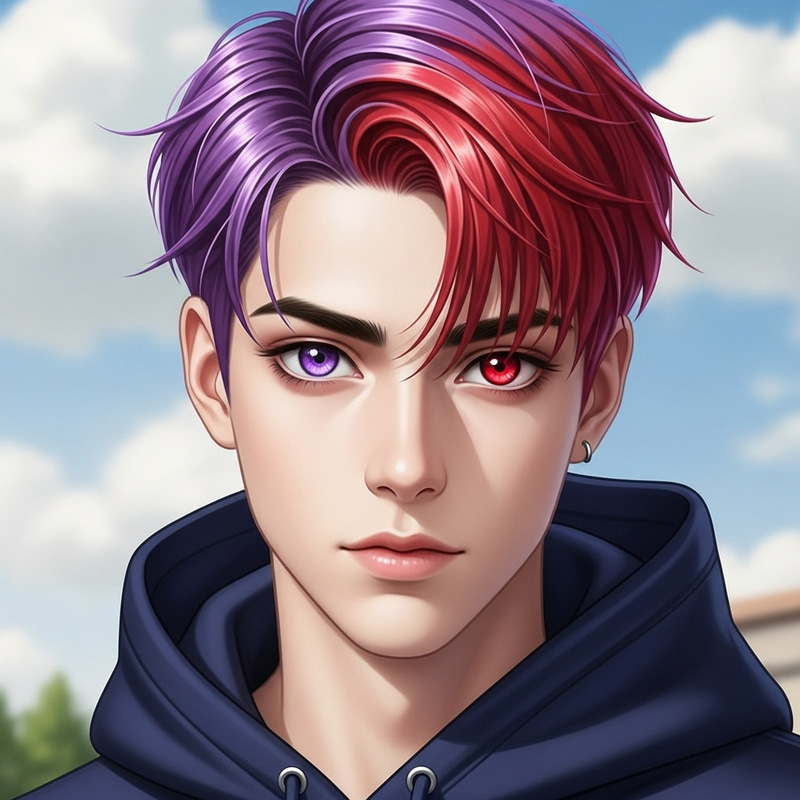 Young Man with Vibrant Purple and Red Hair and Eyes Young Man with Vibrant Purple and Red Hair and Eyes