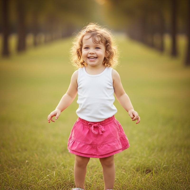 Joyful Blonde Girl in Pink Skirt and White Top Outdoors