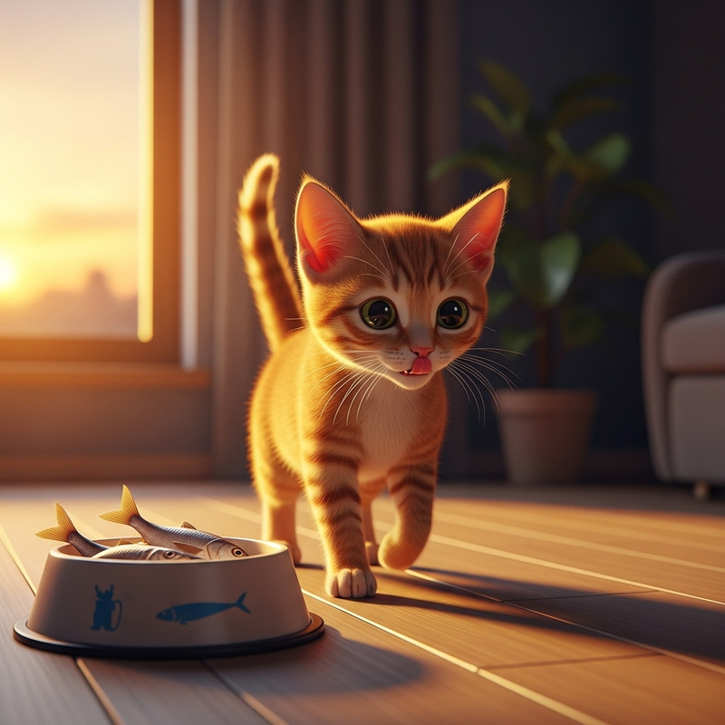 Hungry Cat Approaching Fish Bowl - Anticipation Scene Hungry Cat Approaching Fish Bowl - Anticipation Scene