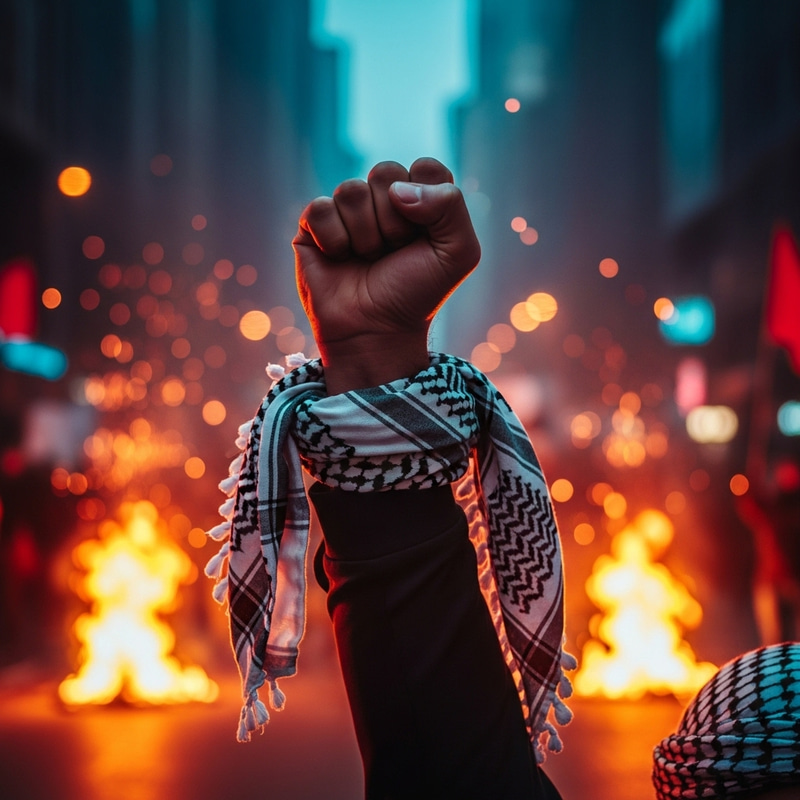 Cyberpunk Fist in Street Protest with Neon Fire - Empowering Resilience Cyberpunk Fist in Street Protest with Neon Fire - Empowering Resilience