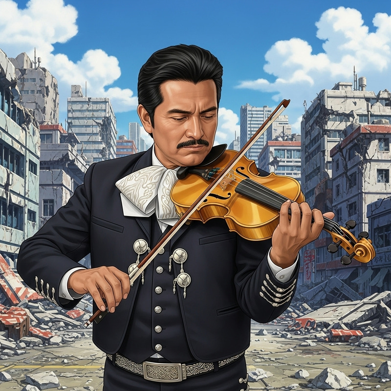 Mariachi Musician Cradling Golden Violin - Striking Image of Beauty Amidst Chaos