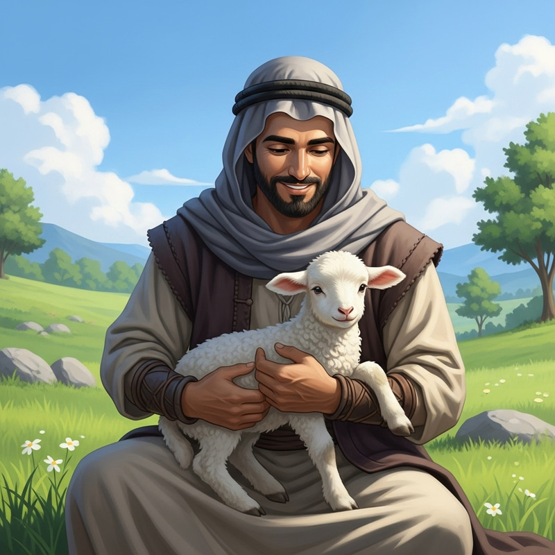 Tranquil Scene: Serene Man with Fluffy Lamb in Outdoor Landscape Tranquil Scene: Serene Man with Fluffy Lamb in Outdoor Landscape