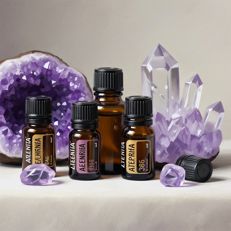 Serene Still Life: Essential Oils & Crystals Artwork Serene Still Life: Essential Oils & Crystals Artwork