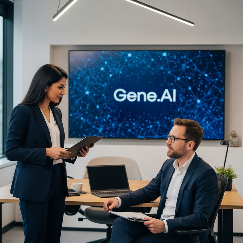 Tech Experts Exploring Gene.AI in Modern Office Setting Tech Experts Exploring Gene.AI in Modern Office Setting
