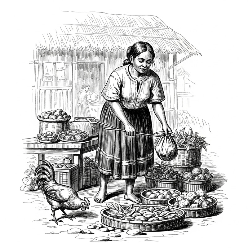 19th Century Filipina Woman Selling Food with Chicken | Historical Scene 19th Century Filipina Woman Selling Food with Chicken | Historical Scene