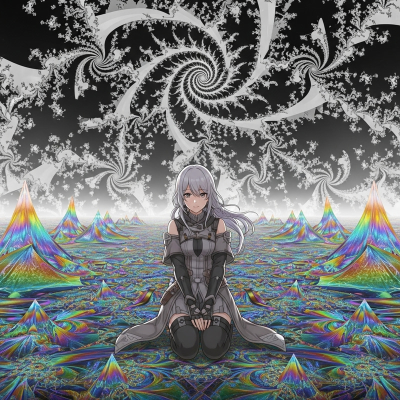 Iridescent Fractals: Anime Character in a Surreal Scene Iridescent Fractals: Anime Character in a Surreal Scene