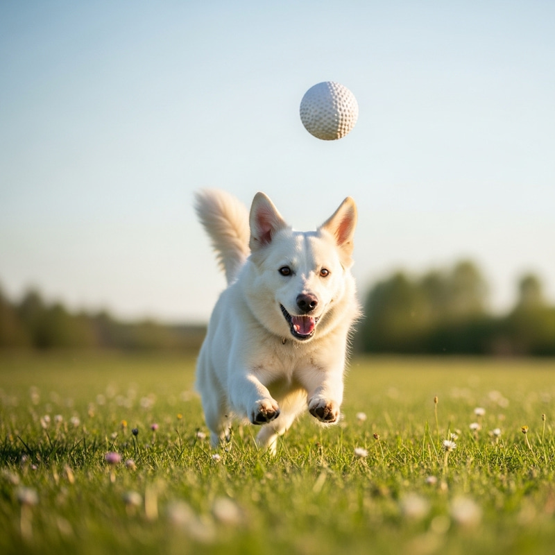 Adorable White Dog Playing with a Ball Outdoors