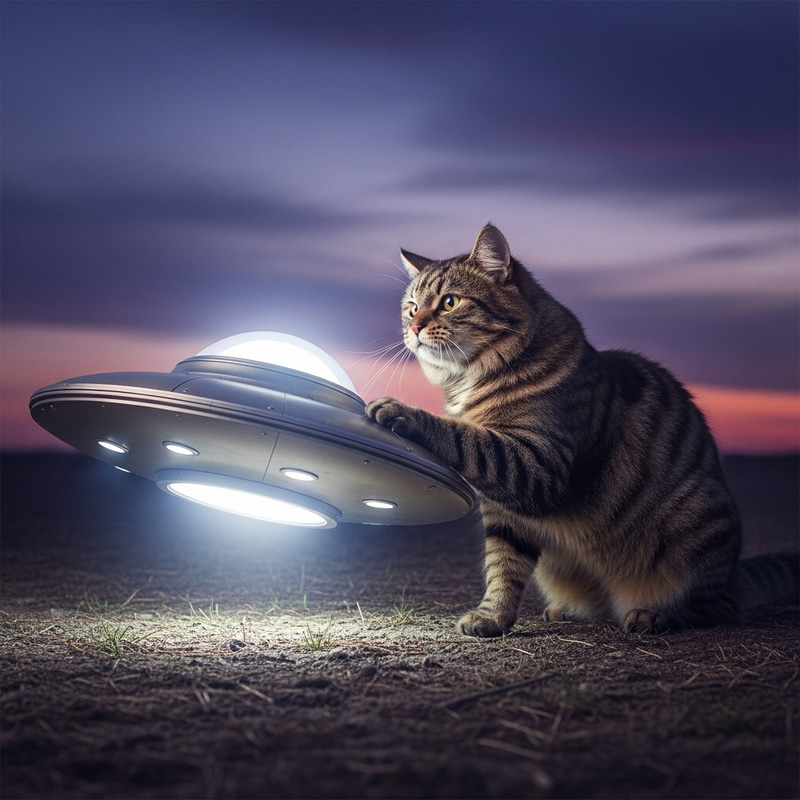 Curious Cat Encounters UFO at Twilight - Unusual Scene