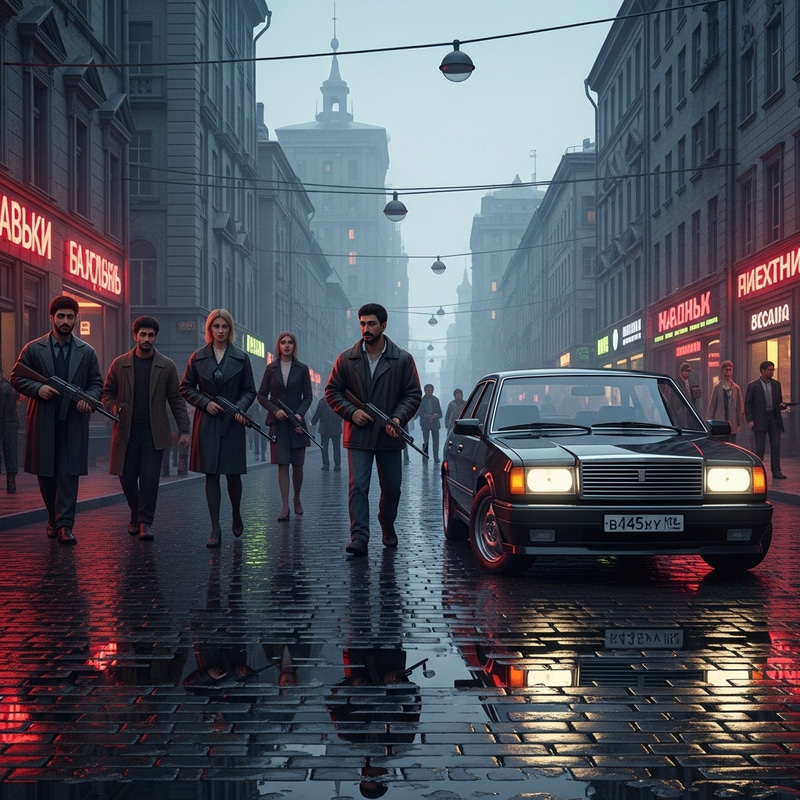 Nineties Russia: Dark City Scene with Men, Guns & Black Car