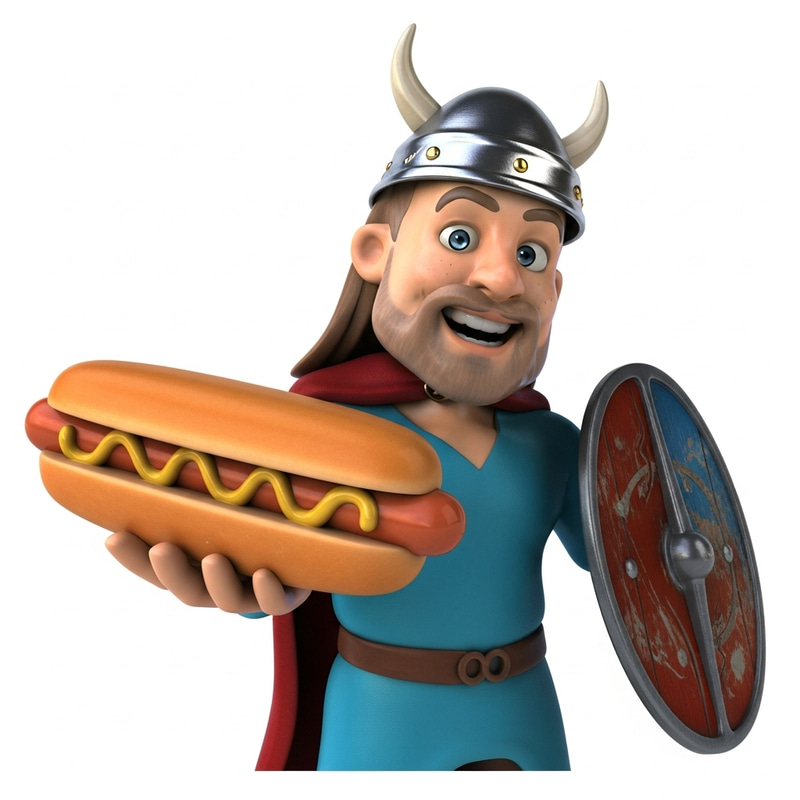 Cheerful Viking Holding a Hotdog Sandwich - Modern Norse Feast