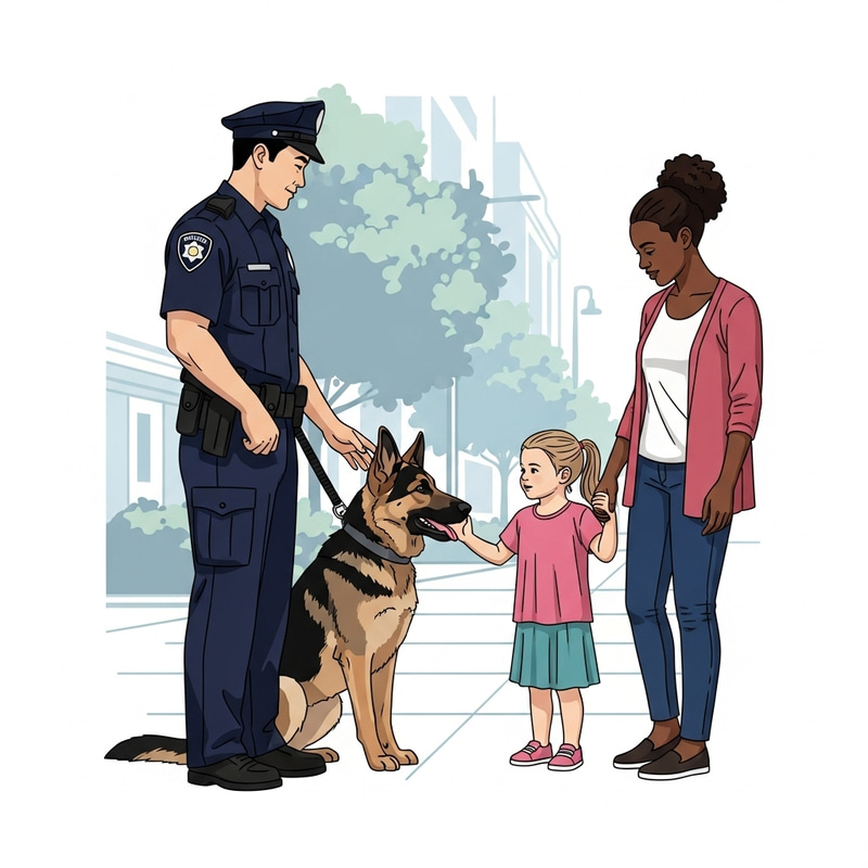 Police Dog and Officer with Girl and Mother, Vector Drawing Police Dog and Officer with Girl and Mother, Vector Drawing
