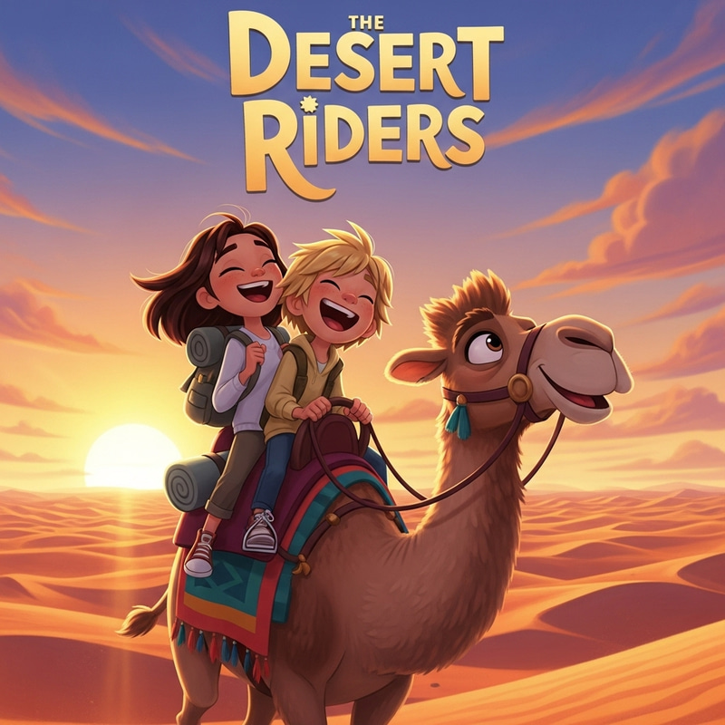 Pixar-Style Animated Movie Poster: Brunette Girl & Blond Boy on Camel in Desert Pixar-Style Animated Movie Poster: Brunette Girl & Blond Boy on Camel in Desert