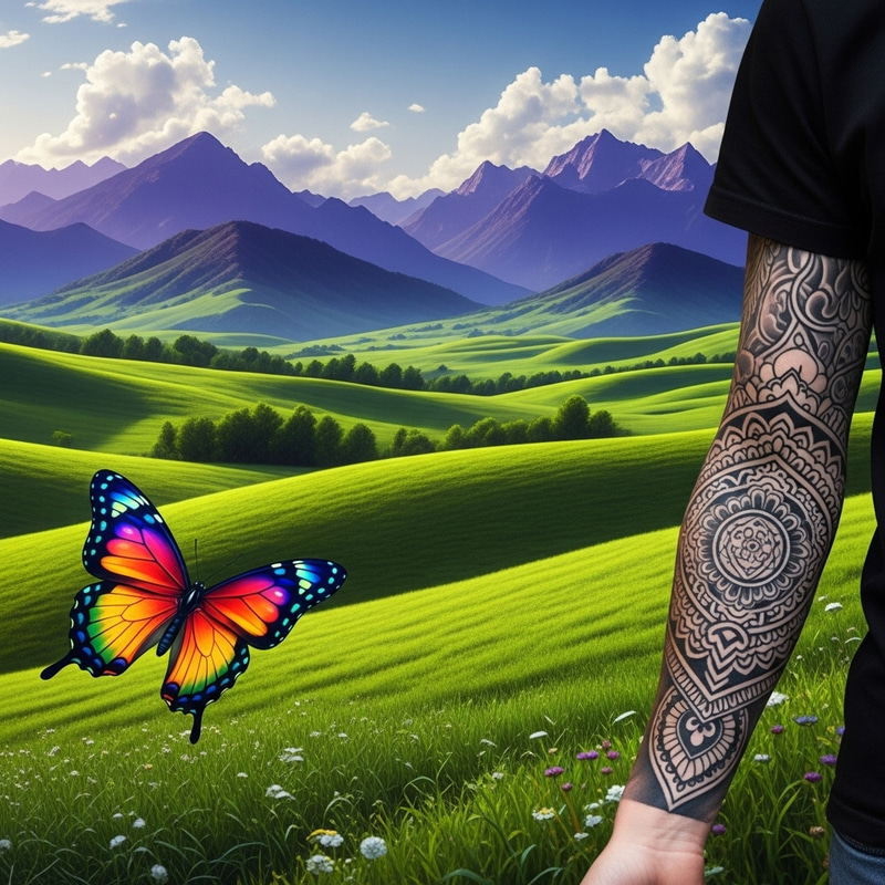 Cinematic Butterfly Landscape: Green, Purple, White Colors Cinematic Butterfly Landscape: Green, Purple, White Colors