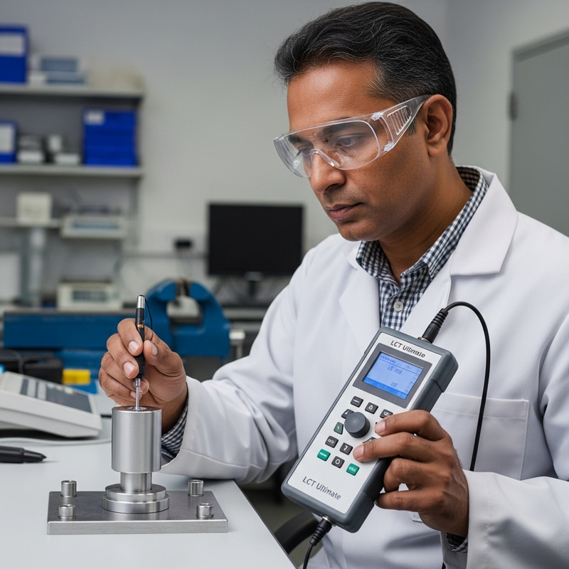Experienced Technician Testing Load Cell with LCT Ultimate Model in Modern Lab Experienced Technician Testing Load Cell with LCT Ultimate Model in Modern Lab