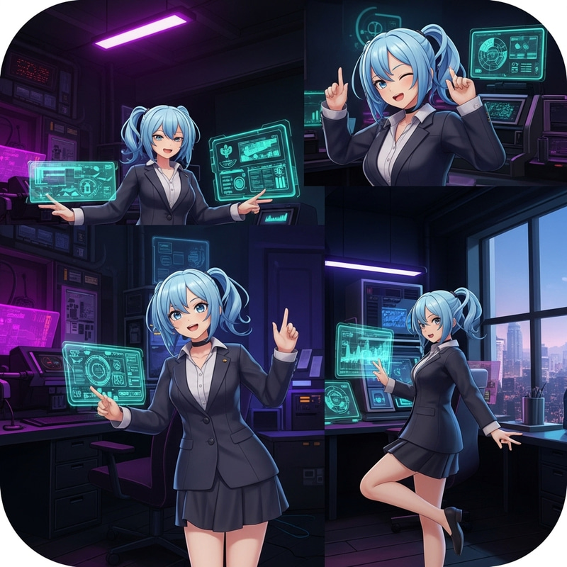 Endearing 3D Anime Character in Cyberpunk Office | Sky-Blue Hair Endearing 3D Anime Character in Cyberpunk Office | Sky-Blue Hair