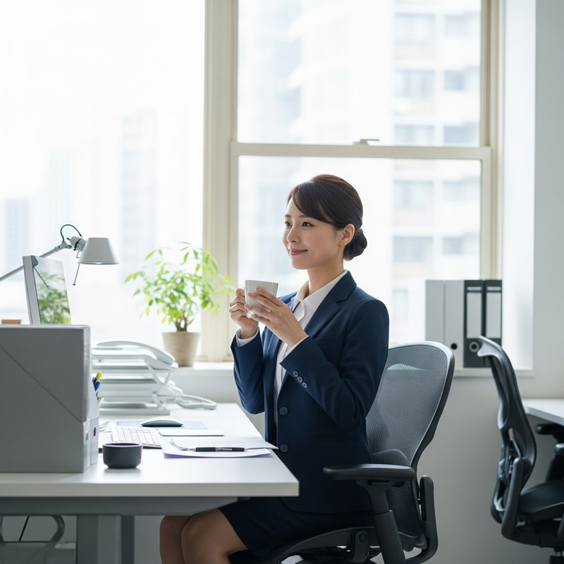 East Asian Woman Enjoying Coffee Break in Modern Office Setting East Asian Woman Enjoying Coffee Break in Modern Office Setting