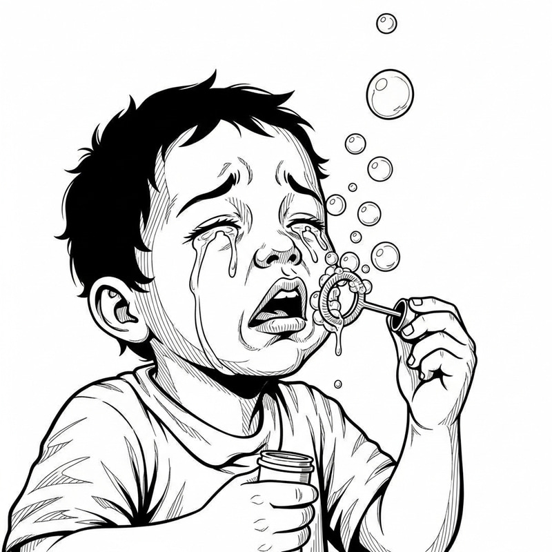 Comic-Inspired Black and White Illustration of a Child Blowing Bubbles with Grieving Expressions