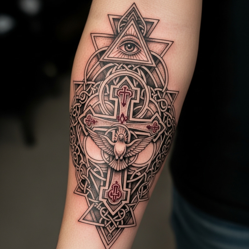 Orthodox Cross Tattoo with Trinity Symbolism | Detailed Forearm Design