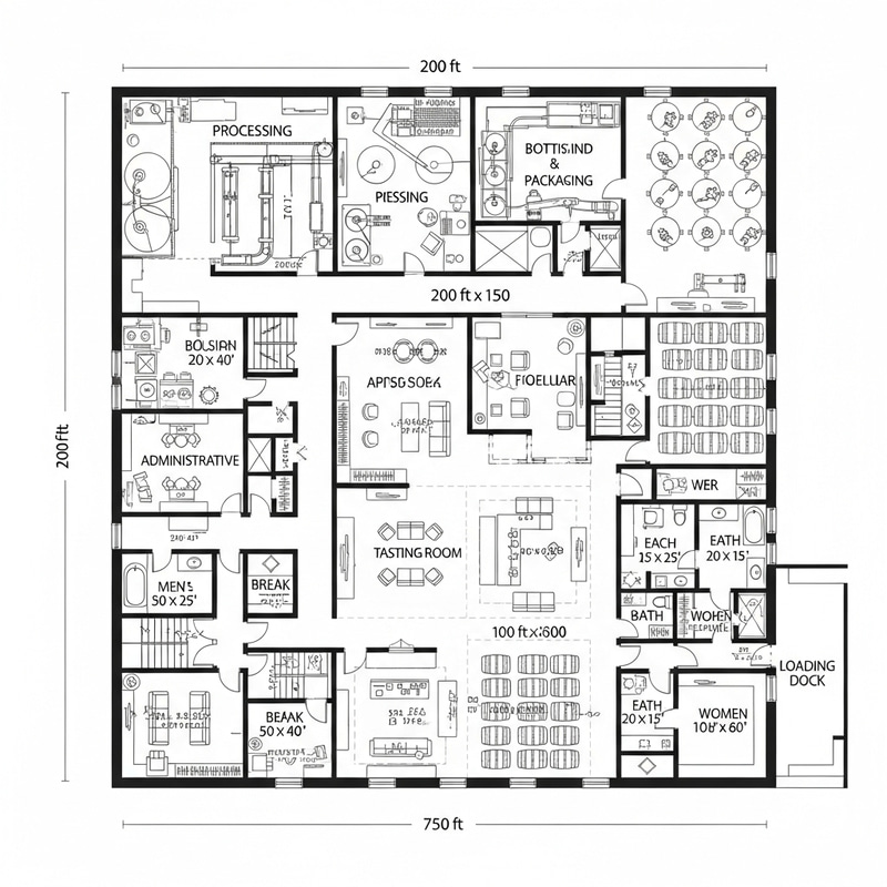 Detailed Black and White Wine Factory Floor Plan Detailed Black and White Wine Factory Floor Plan