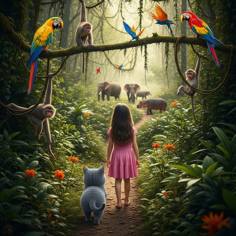Hyperrealism Jungle Encounter with Girl and British Shorthair Cat Hyperrealism Jungle Encounter with Girl and British Shorthair Cat