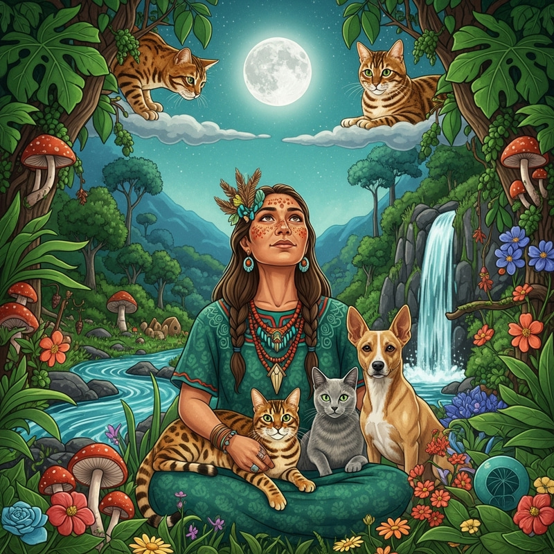 Golden Bengal Cat and Shaman Woman Surrounded by Nature Harmony Golden Bengal Cat and Shaman Woman Surrounded by Nature Harmony