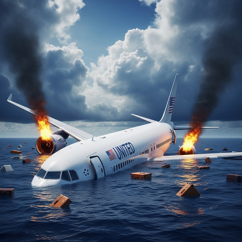 White Plane with USA Flag in Dense Clouds: Crash Scene in Blue Ocean White Plane with USA Flag in Dense Clouds: Crash Scene in Blue Ocean