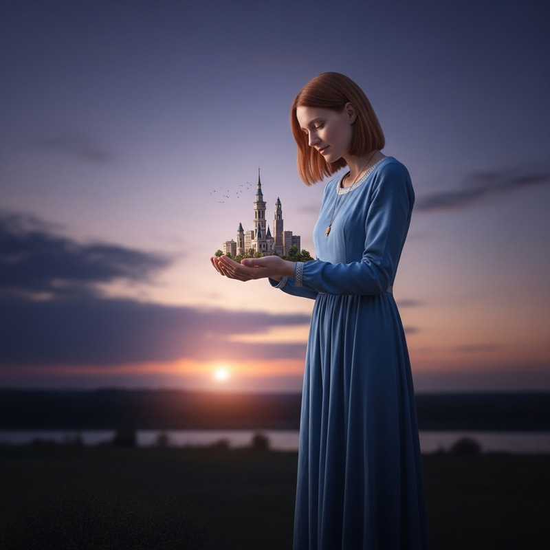 Enchanting Giantess Woman Enjoys Tranquil Evening with Minature City Enchanting Giantess Woman Enjoys Tranquil Evening with Minature City