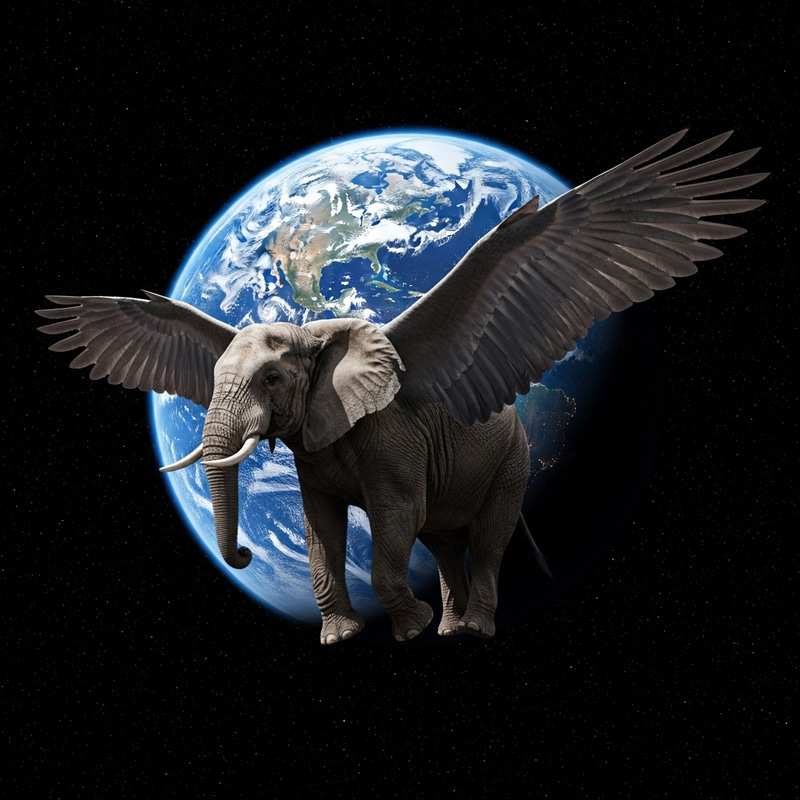 Elephant with Wings Soaring in Space