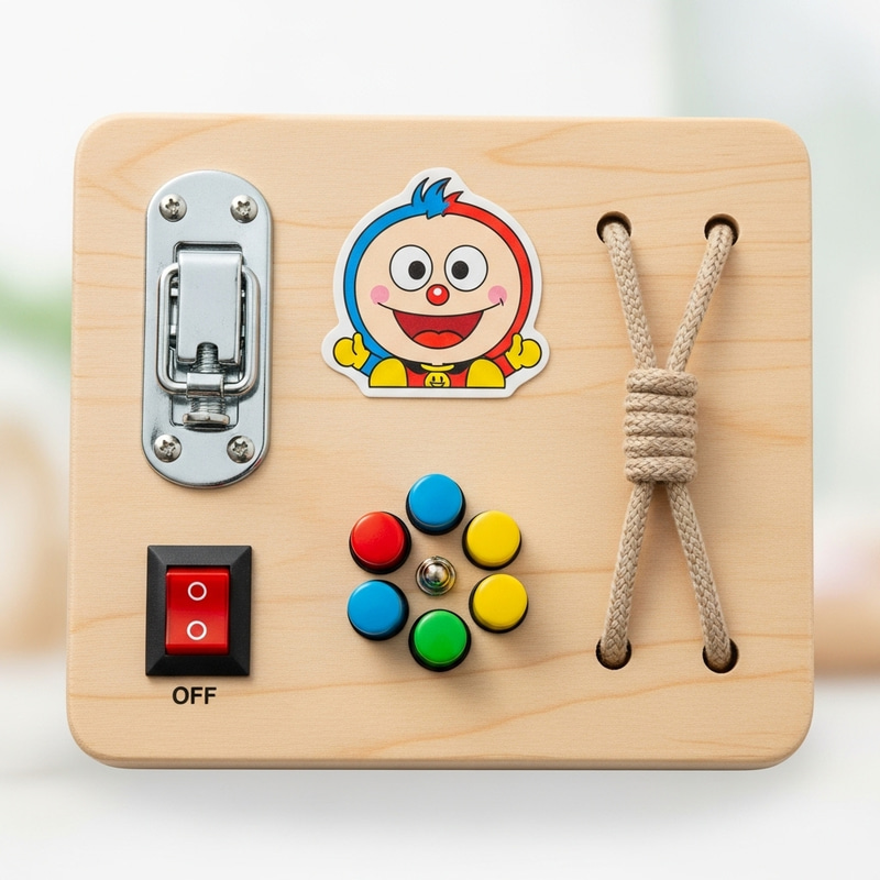 Interactive Wooden Busy Board Toy with Cartoon Character Design