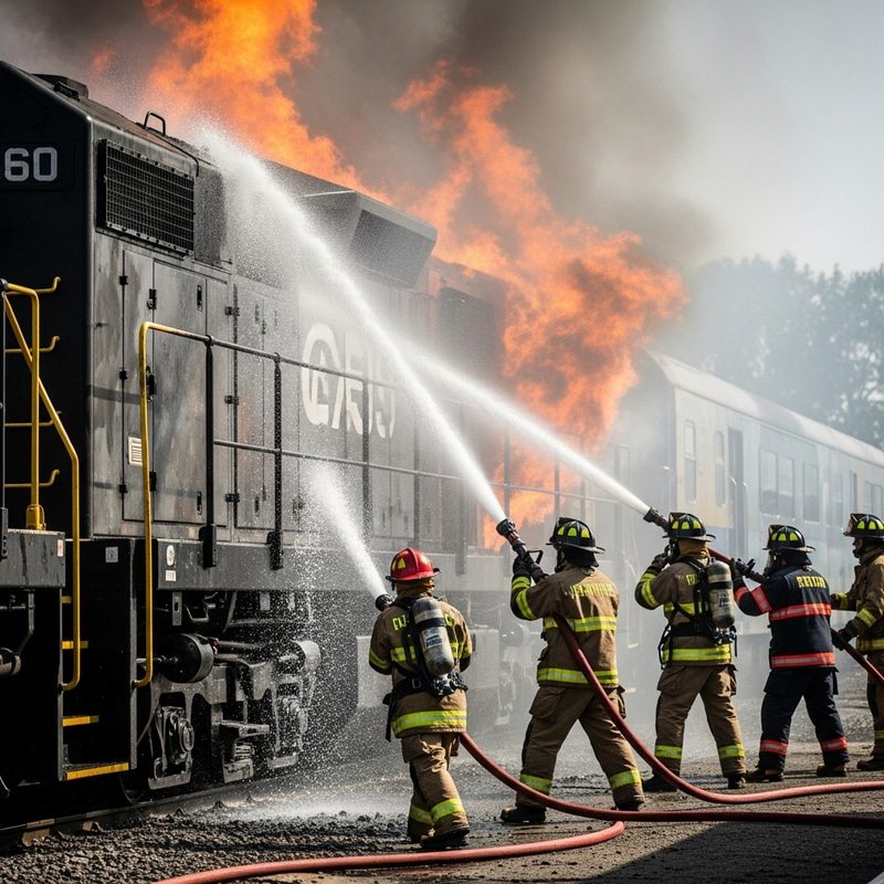 Diverse Firefighters Battle Intense Blaze on Modern Train Locomotive