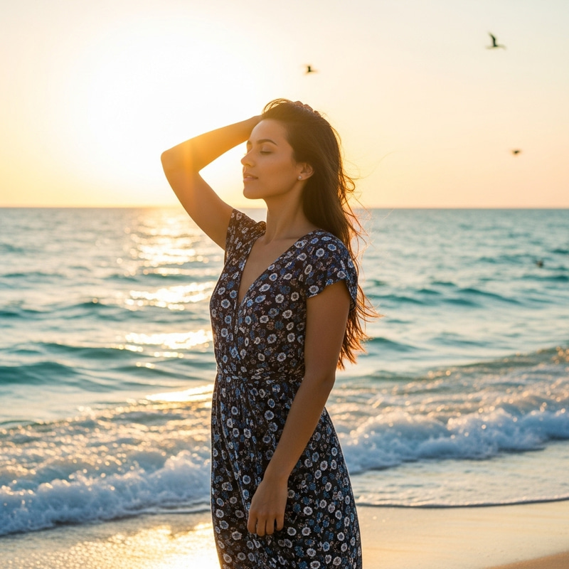 Beautiful Girl Next to Tranquil Beach Sunset