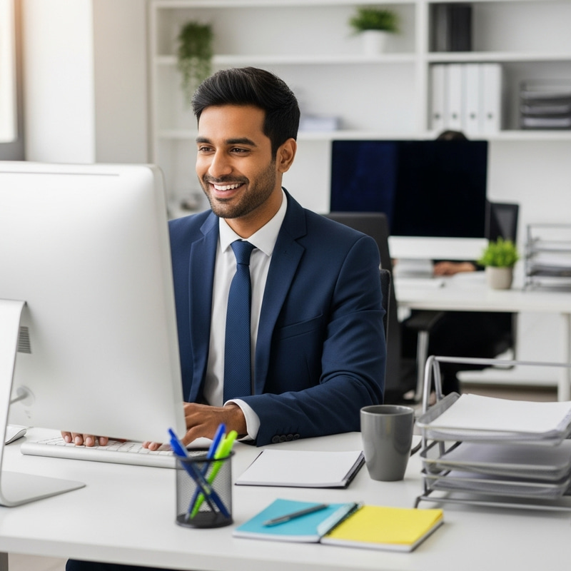Happy South Asian Businessman at Office Desk Happy South Asian Businessman at Office Desk
