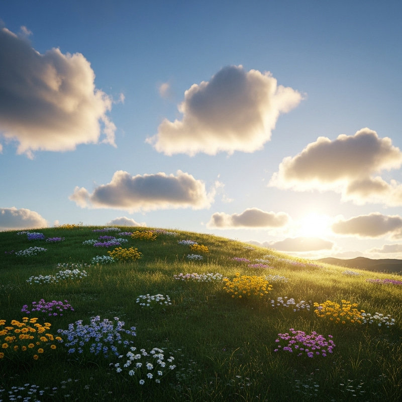 Lush Hill with Blossoming Pastures and Sunrise Sky